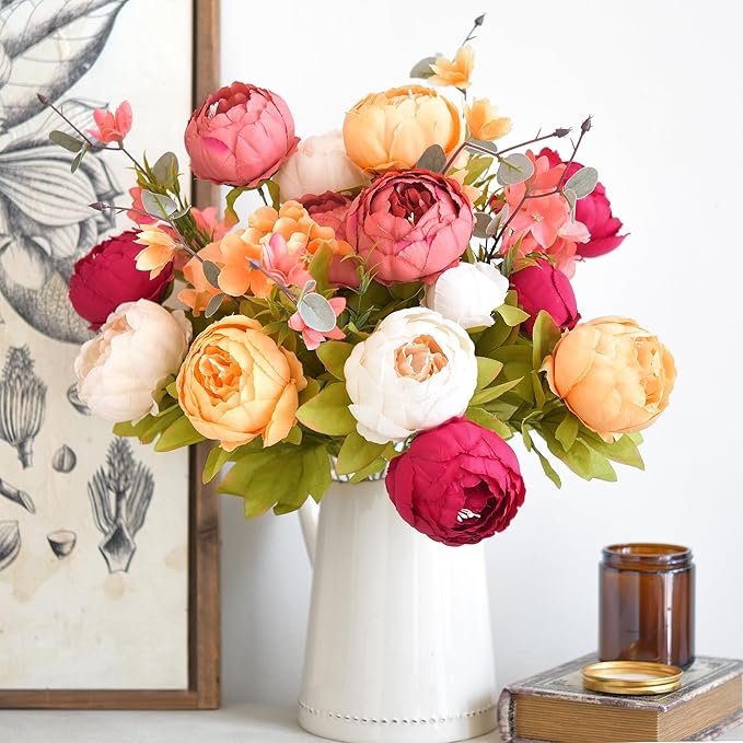 Artificial Peony Bouquets, 2 Silk Flower Bundles in Peach, Coral, Cream & Burgundy with Hydrangeas for Wedding Centerpieces & Home Decor (Country Delightful)