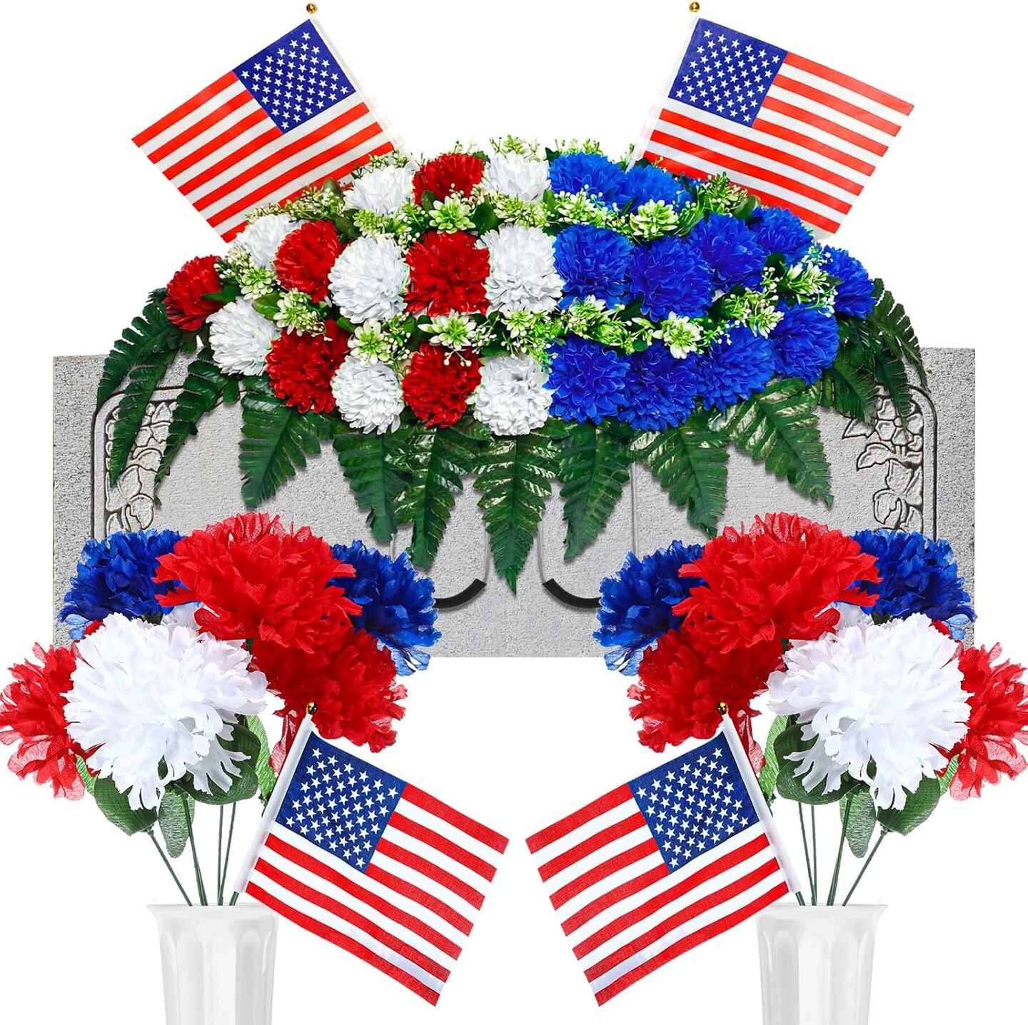 3 Pcs Patriotic Cemetery Flowers Set - Red White & Blue Memorial Day Headstone Flower Saddle & 2 Matching Vases - UV Resistant Silk Mums & American Flags - Patriotic Grave Decorations for Veterans