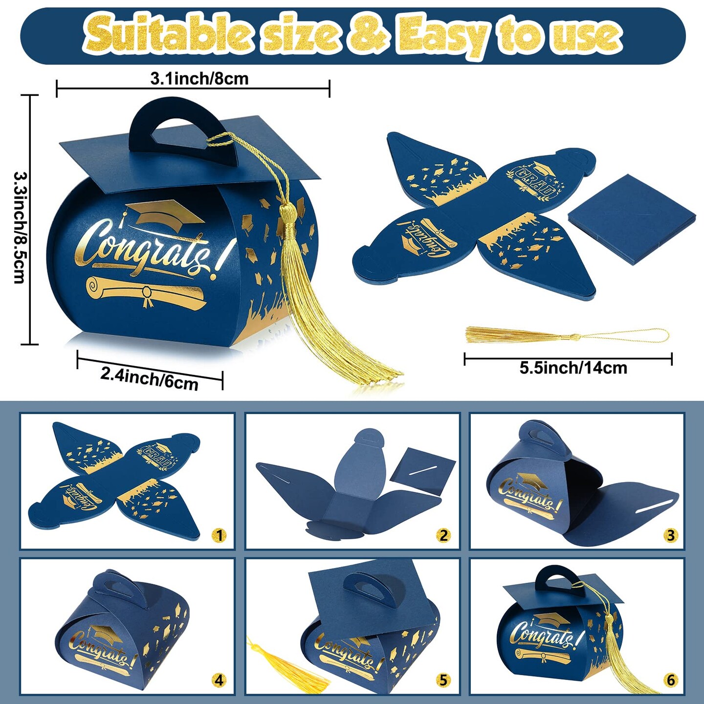 30 Pcs Graduation Cap Gift Box Graduation Party Favors Candy Boxes Treat Box with Tassel Table Centerpieces Class of 2026 Grad Decorations(Blue, Gold)