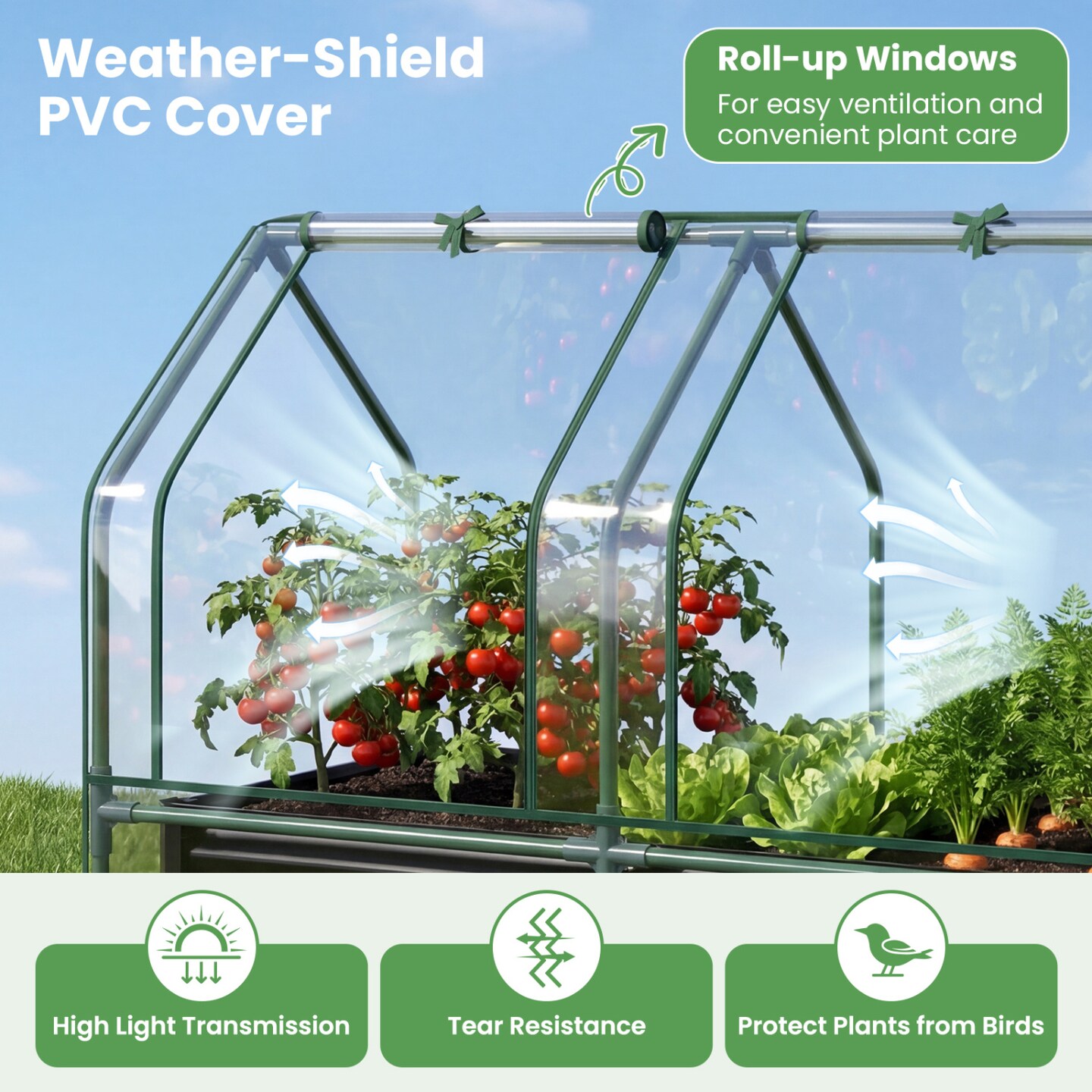 Outdoor Raised Planter Box with Greenhouse Cover 51 Inch Metal Garden Bed 57 Gallon Deep Growing Space for Vegetables Herbs Balcony Patio Setup