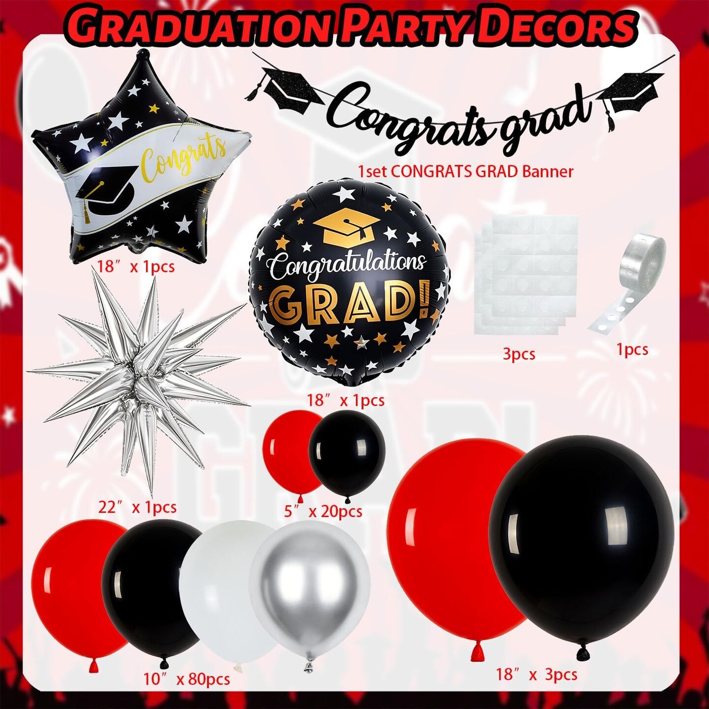 Graduation Decorations Class of 2026, Graduation Balloon Arch Kit Red and Black with Congrats Grad Banner Foil Balloons for Congrats Grad Party Decorations Class of 2026 Party Supplies