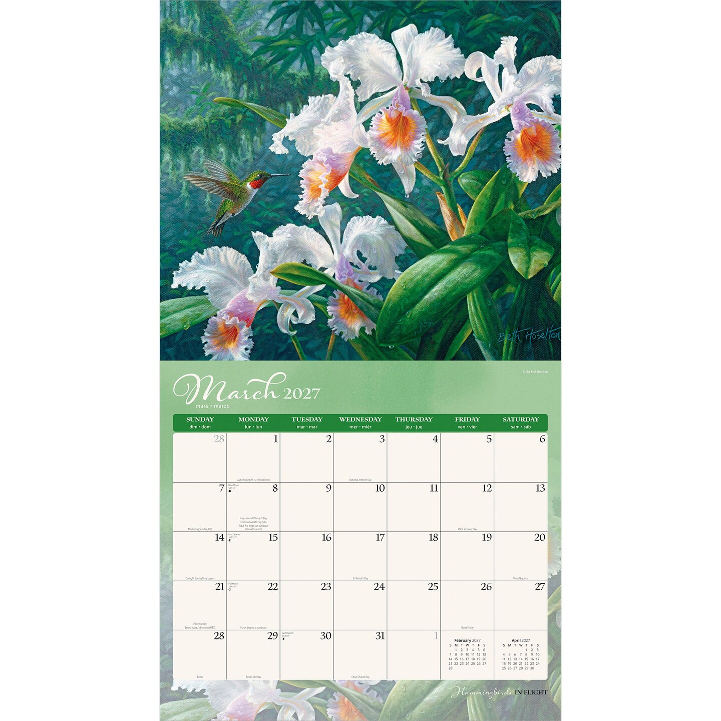 Hummingbirds | 2027 13.75 x 24 Inch (Hanging) Monthly Deluxe Wall Calendar | Featuring the Artwork of Wanda Mumm and Beth Hoselton | Linen Envelope | Foil Stamped Cover