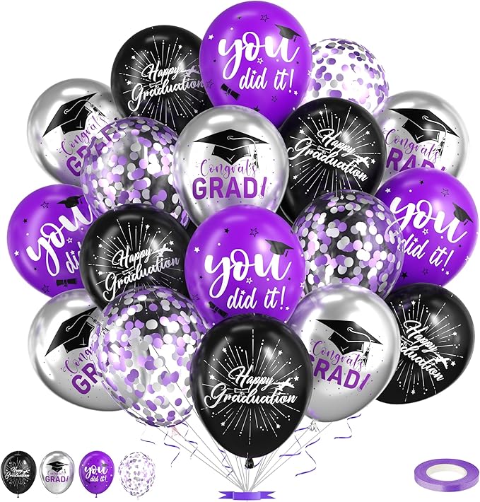 Graduation Balloons Purple,50 Puppliescs 12 Inch Purple Black Silver Graduations 2026 Balloons for University College High School Grad 2026 Graduation Party Supplies