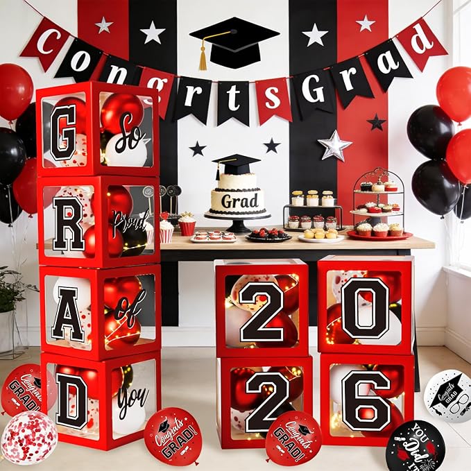 Graduation Decorations Class of 2026, Red and Black Graduation Decorations, Balloons Boxes (4PCS) with Letters 2026 GRAD So Proud of You, Congrats Grad Decorations for High School & College