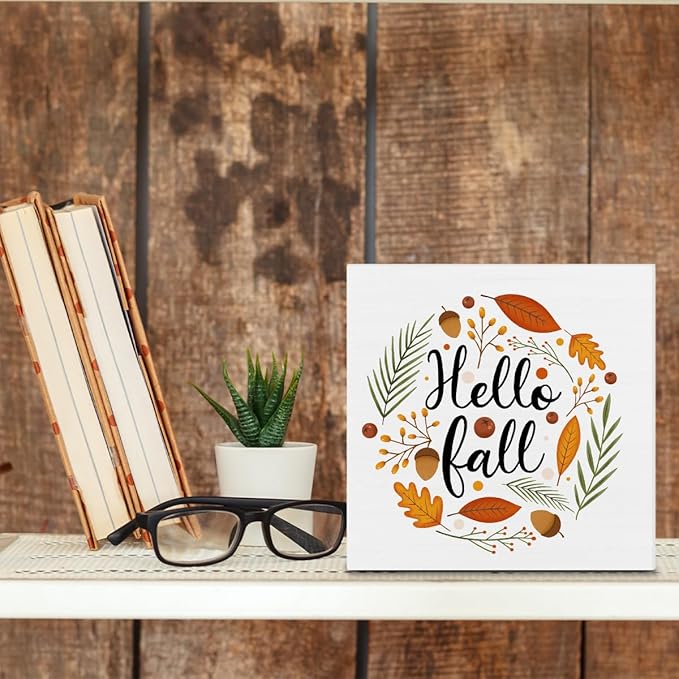 Fall Decor Autumn Leaves Wood Sign Hello Fall Decorations Farmhouse Home Table Desk Decor (5 x 5 Inches)