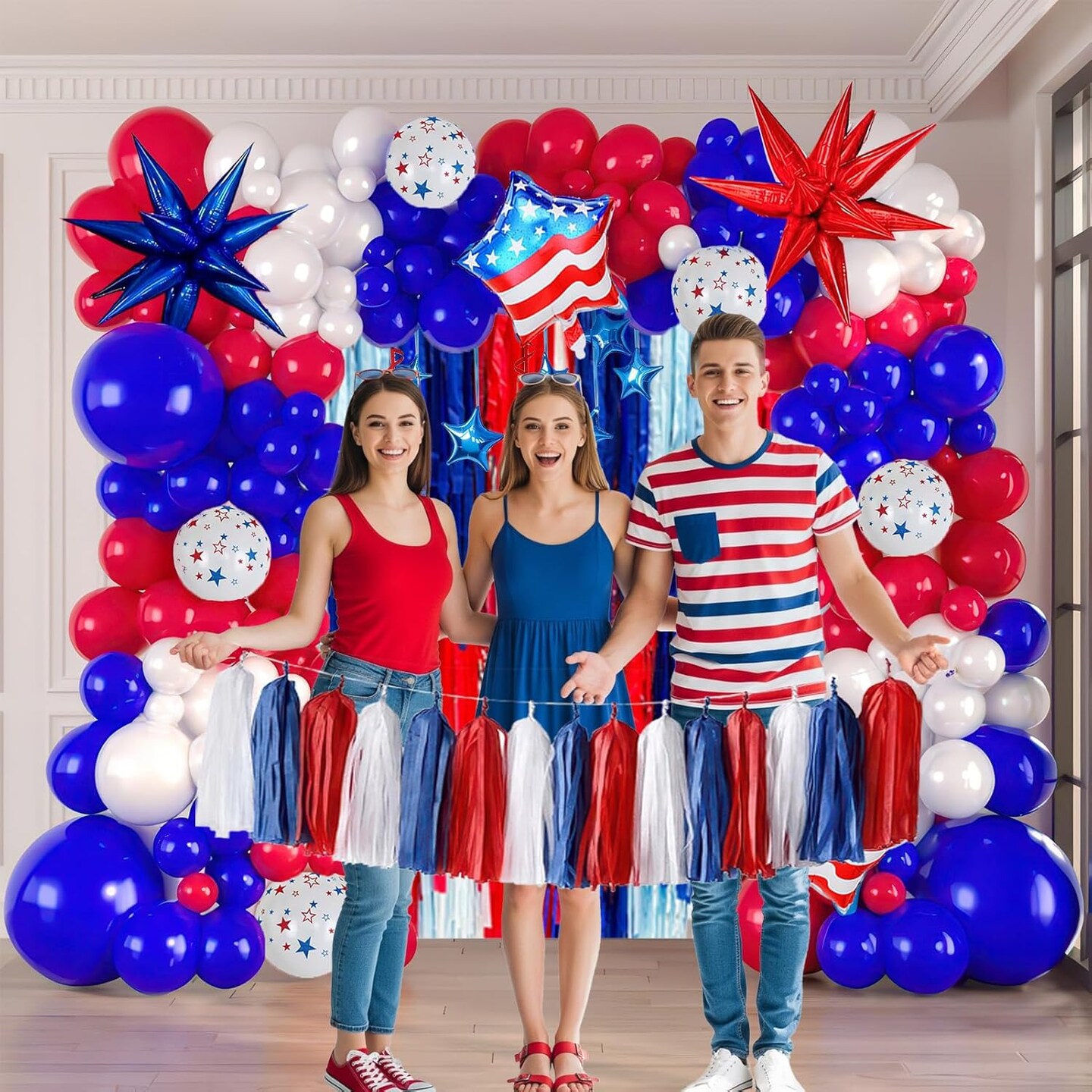 Patriotic Red White and Blue Balloon Garland Arch Kit with Flag & Star Foil Balloons – America 250th Anniversary, 4th of July, Independence Day, Memorial Day & Veterans Day Party Decorations with Tassel Banner