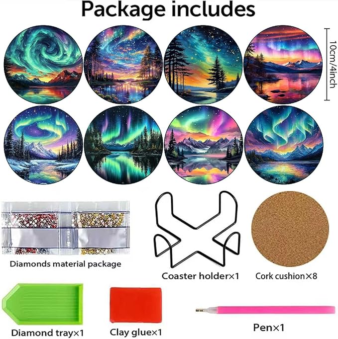 8 Pcs Aurora Diamond Art Coasters Kits with Holder, Landscape Diamond Painting Coasters Kits for Adults, DIY 5D Nature Scenery Diamond Dots Small Mini Kit Full Drill Art Craft Supplies 4X4 Inch