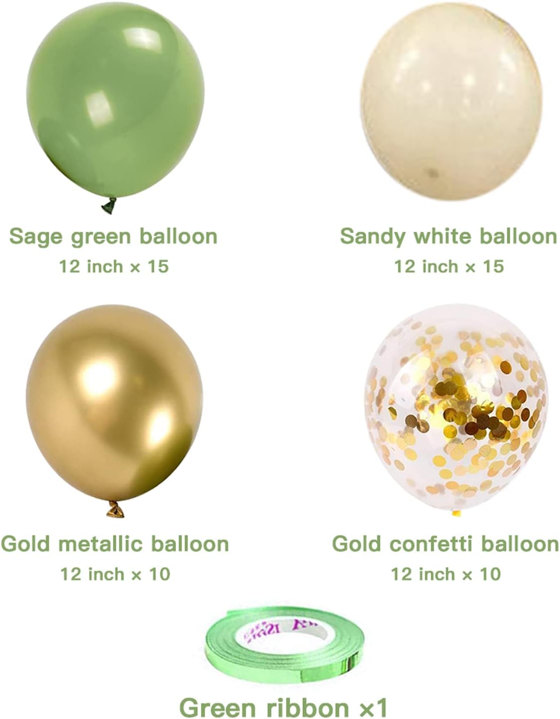 Sage Green & Gold Balloon Garland Kit – 50PCS 12 Inch Olive Green, Sand White, Metallic Gold & Confetti Balloons for Baby Shower, Birthday, Wedding, Bridal Shower & Party Decorations with Ribbon