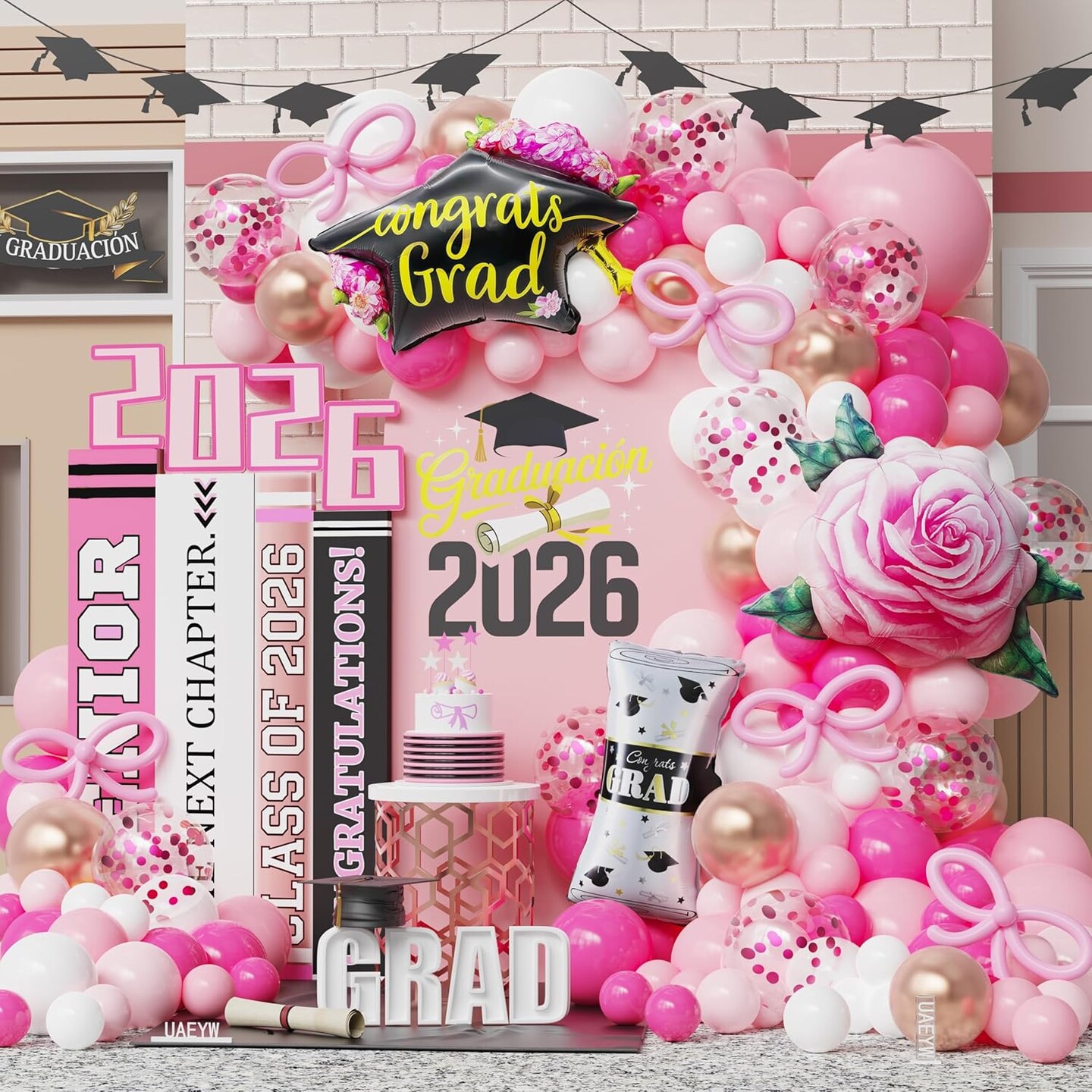 137pcs Pink Graduation Balloon Arch Kit,Graduation Decorations 2026 with Grad Cap & Diploma Balloon for Congrats Class of 2026 Celebrations Party Supplies (pink,gold)