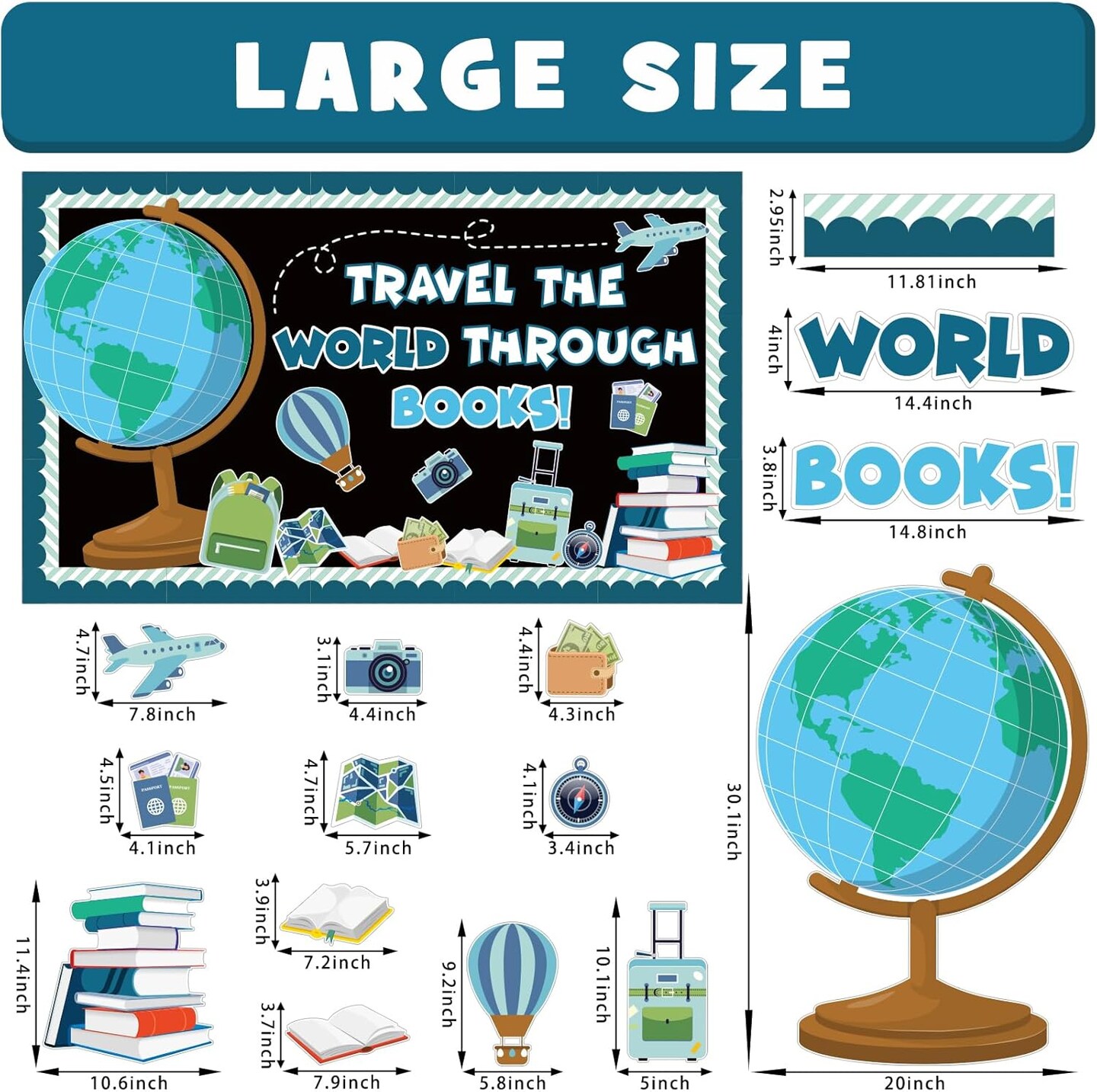 Reading Travel Bulletin Board Decorations Set – “Travel the World Through Books” Classroom Decor Kit with Adventure Cutouts for Library, Reading Corner, Classroom Wall & Door Decorations