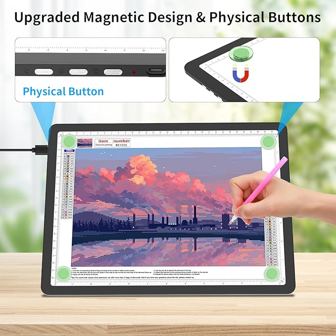 A4 Light Board for Diamond Painting, Super Bright Magnetic Light Pad with Side Buttons, Lightbox for Tracing and Drawing, Corded Light Table for Sketching, Animation, Weeding Vinyl (Black)