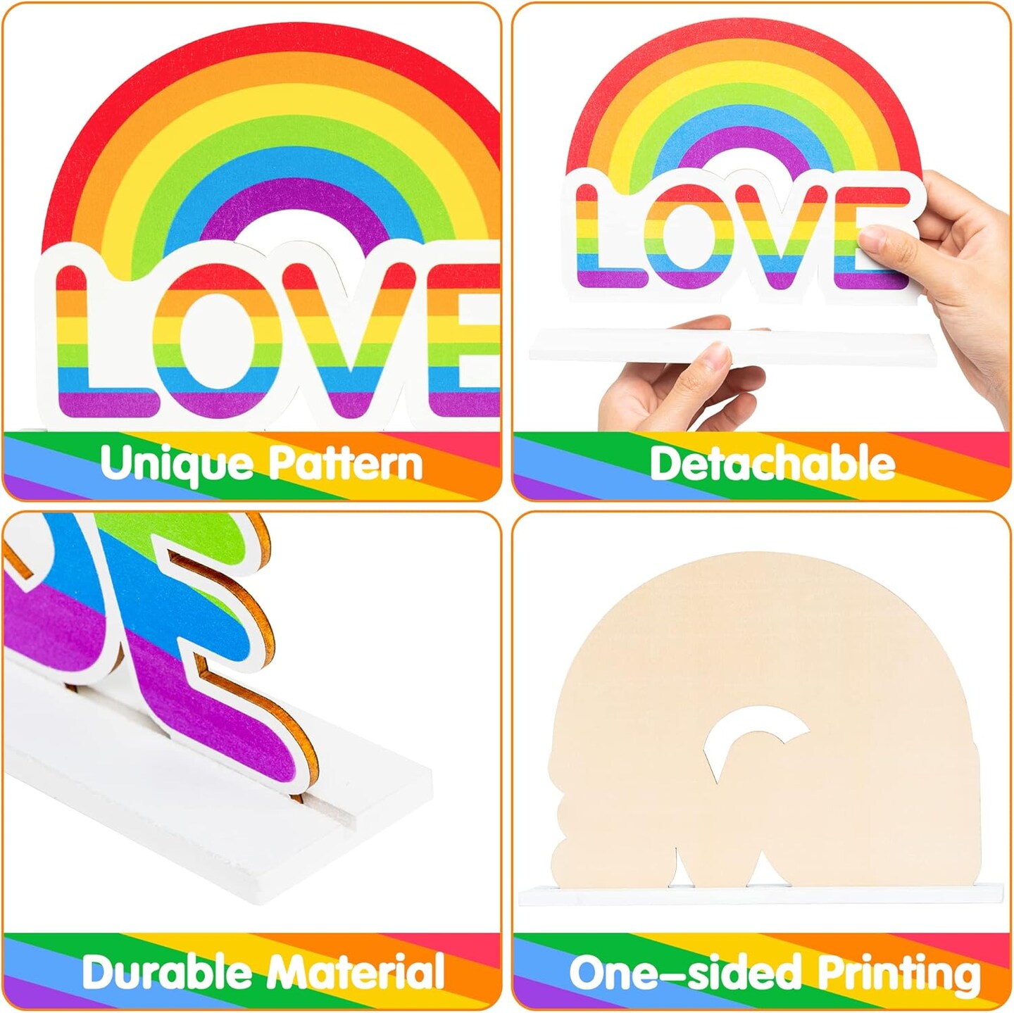 4-Piece Rainbow Pride Wooden Tabletop Centerpiece Set – LGBTQ Love is Love Tiered Tray & Home Party Decorations, Detachable Wood Signs for Pride Month