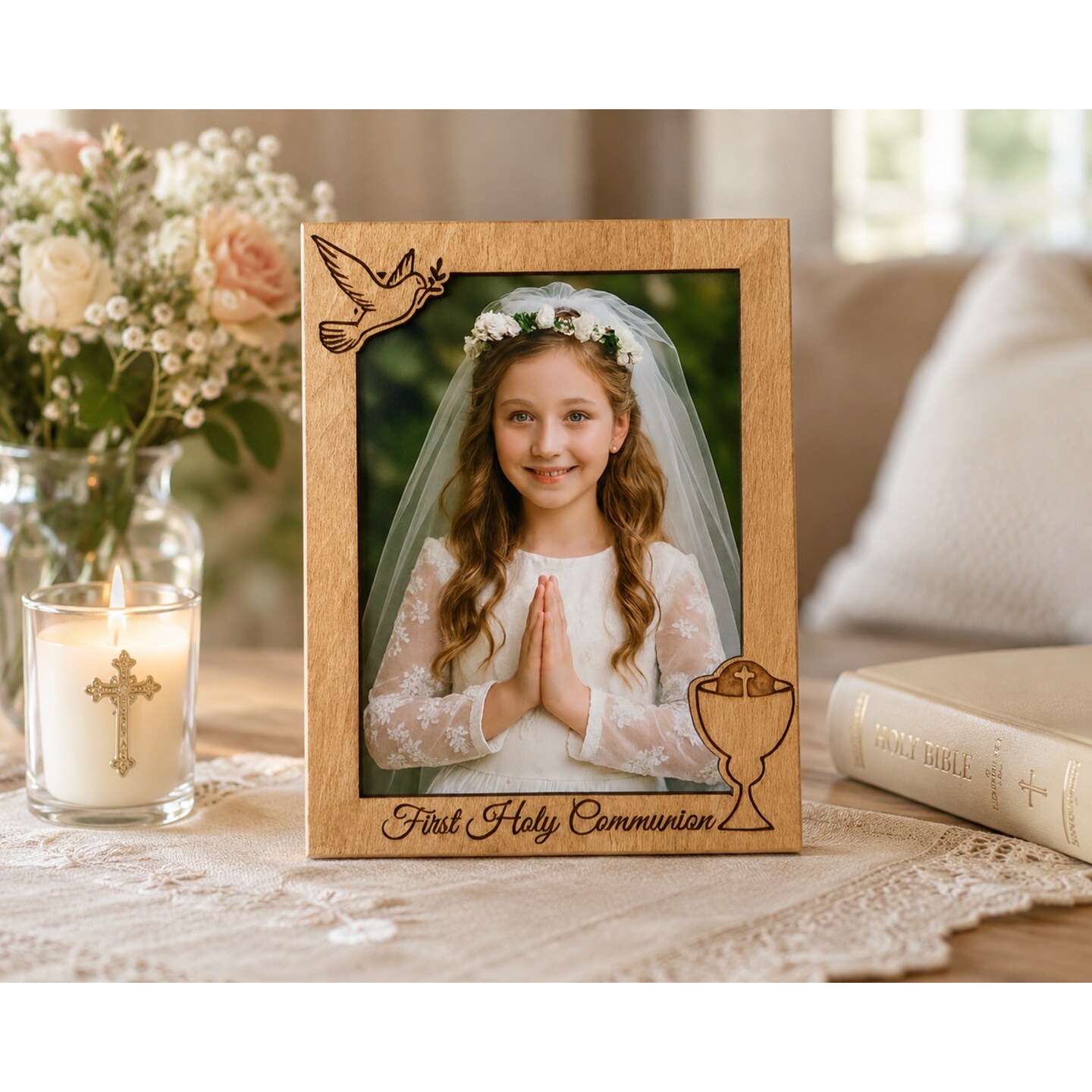 First Holy Communion 5x7 Wooden Picture Frame with Wall Mount