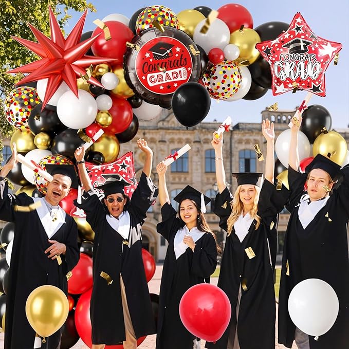 Graduation Balloon Arch Garland Kit, 2026 Graduation Party Decoration, Black Red Grad Balloons with Graduation Congrats Foil Balloons for Girls Class of 2026 Congrats Graduation Party Supplies