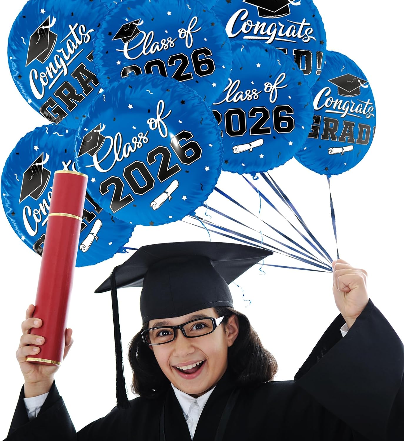 12 Pcs Blue Class of 2026 Graduation Balloons - 18 Inch Double-Sided "CONGRATS GRAD" Foil Mylar Balloons - University Blue Party Decorations for College and High School Graduation