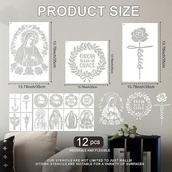 Religious Stencils for Crafts Reusable - 12 Pcs Chiristian Cross Inspirational Stencils for Wood Burning Wall Furniture Decor Drawing Template