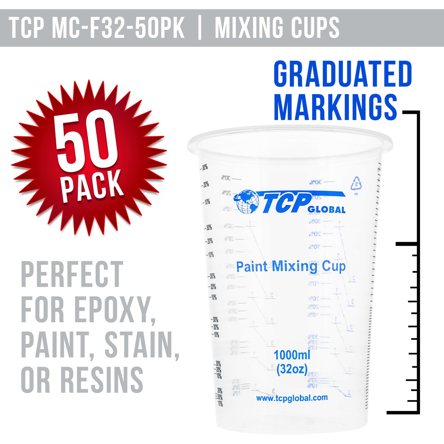 32 oz. (1000ml) Graduated Plastic Mixing Cups (Box of 50) - Disposable Plastic Measuring Cups for Liquids, Paints, Resin, Epoxy, Art, Kitchen - Ratios 2-1, 3-1, 4-1 ML