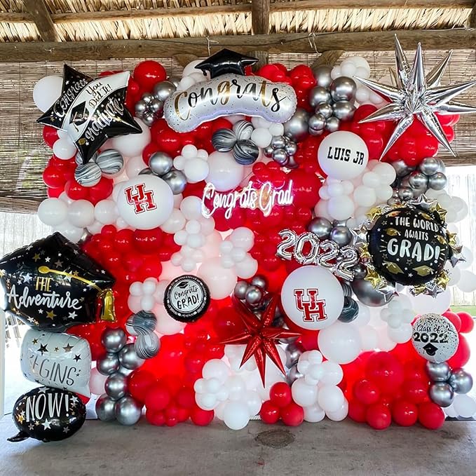 139Pcs Red and Black Balloon Arch Garland Kit for Graduation Party Decorations,Red Black White Silver Confetti Explosion Star Balloons for Class of 2026 Congrats Grad Celebrations Birthday Supplies