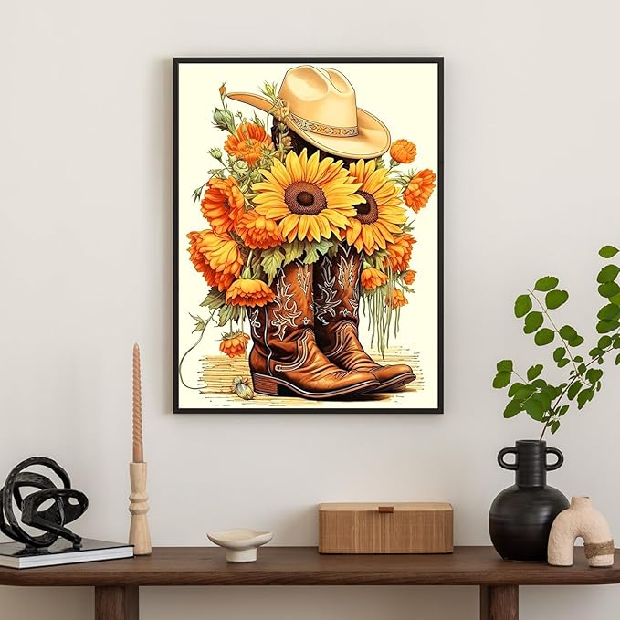 Diamond Art Kits for Adults Cowboy Boot, DIY 5D Diamond Painting Kit for Beginners Sunflower, Cowboy Hat Full Round Drill Gem Art Dots for Adults, Perfect for Home Wall Decor 12X16 Inch