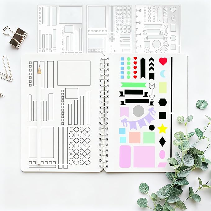 Metal Planner Stencil Journal Stencil Multi-Size Checklists Patterns Planner Ruler Templates Rustproof Metal Stencils for Journaling, Habits Tracking, Monthly Spread (Planner3)