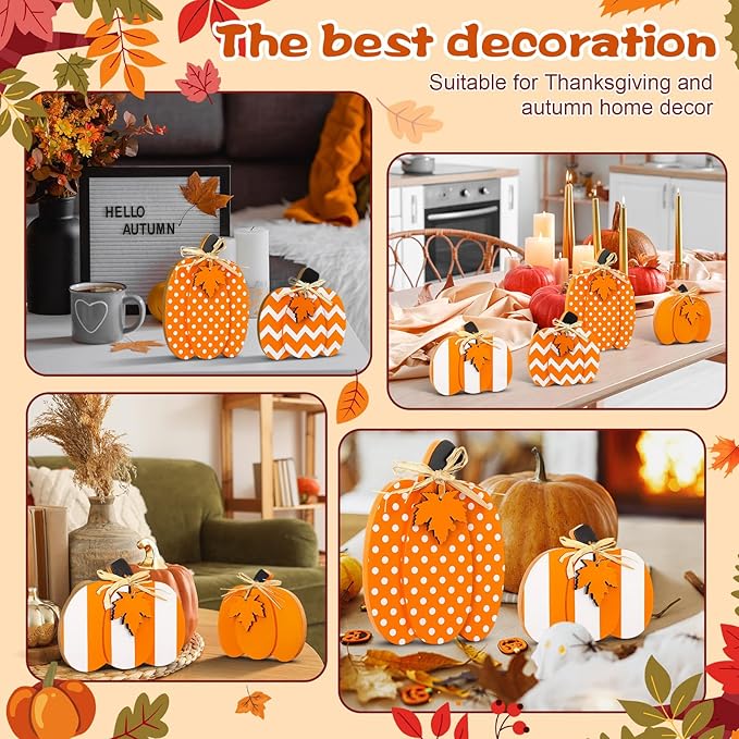 4 Pcs Thanksgiving Wooden Pumpkin Decor 3D Pumpkin Tabletop Signs Farmhouse Thanksgiving Fall Standing Table Centerpieces Rustic Tiered Tray Decor for Home Kitchen Party(Orange and White)