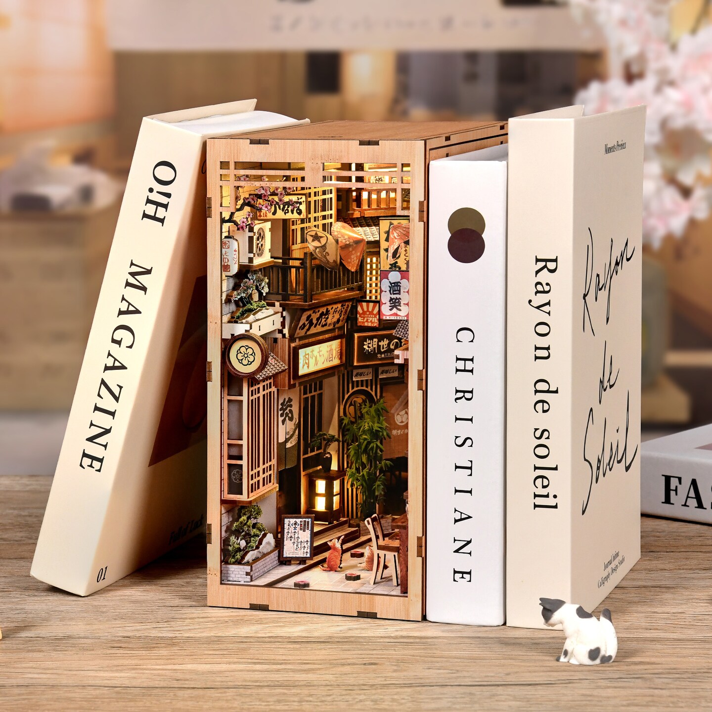 DIY Book Nook Kit with LED Light | Japanese Street Cat Miniature