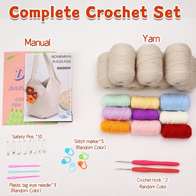 Crochet Bag Kit for Beginners Complete Starter Set with Yarn, Hook & Step-by-Step Video Tutorials DIY Shoulder Bag Crafting Gift for Adults (Beige)