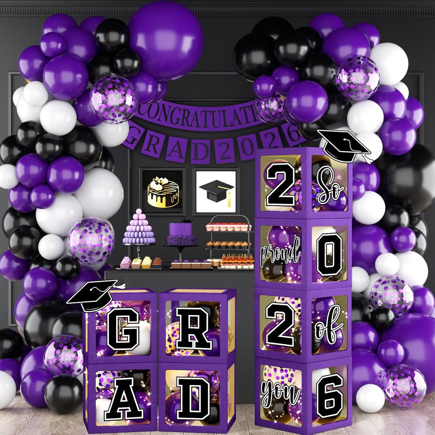 Graduation Decorations Class of 2026,Purple and Black Graduation Decorations Set of 4 Balloons Boxes with Balloon Arch Kit,2026 GRAD So Proud of You Theme for Congrats Grad Party Supplies