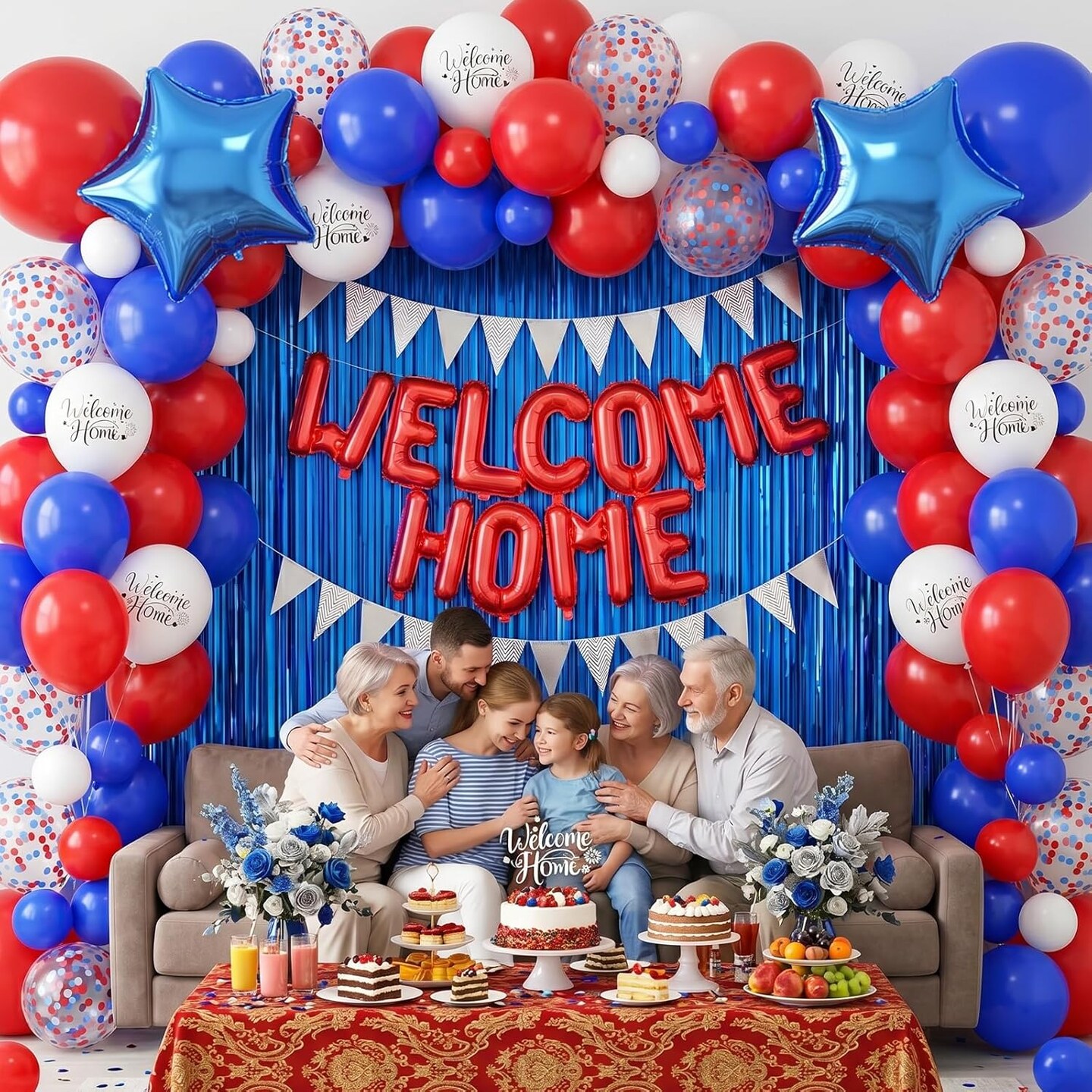 Blue Red White Welcome Home Decorations Kit – Balloons, Banner, Fringe Curtain & Cake Topper for Patriotic 4th of July, Military Homecoming & Family Welcome Party Supplies