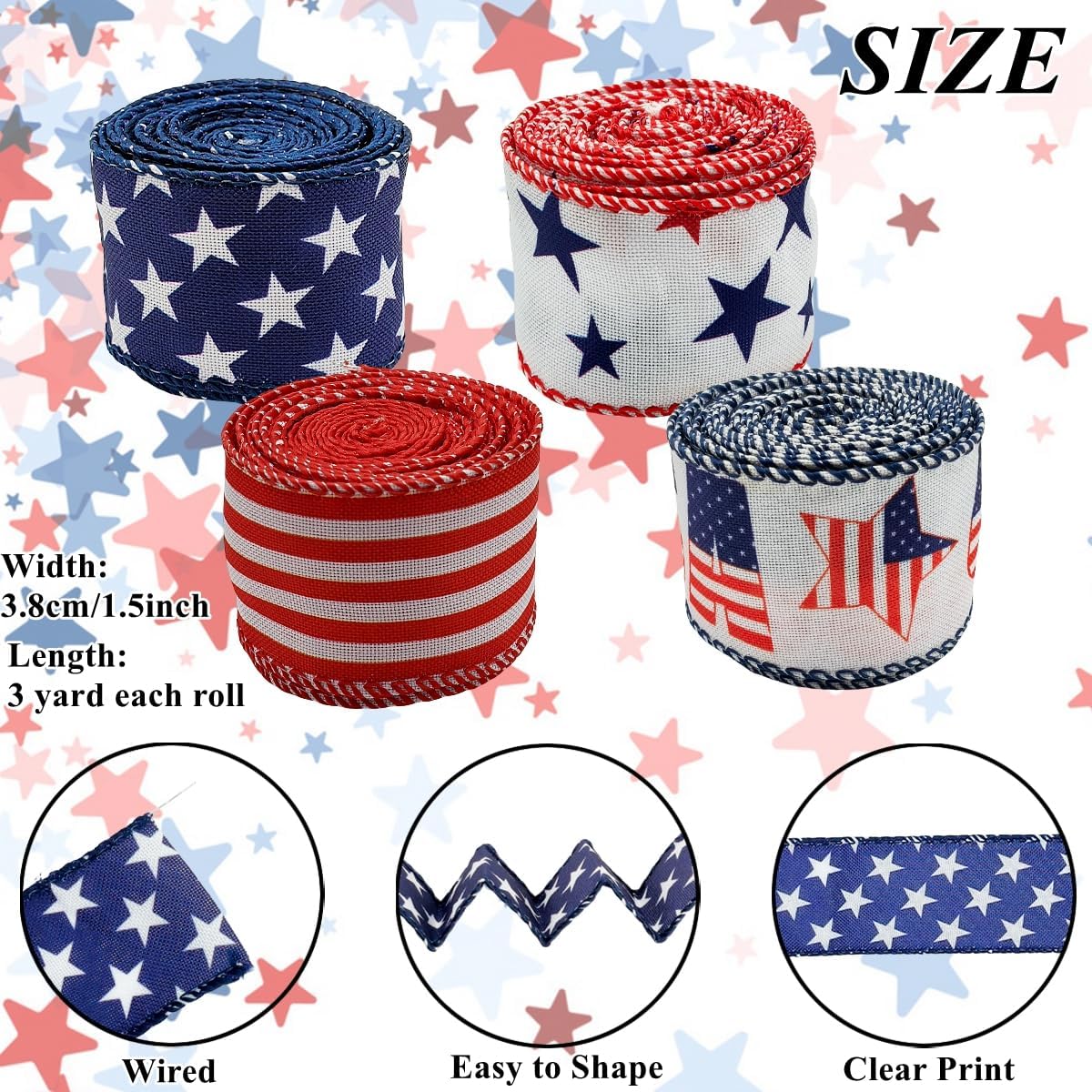 4 Rolls Patriotic Wired Edge Ribbon 12 Yard Buffalo Plaid Ribbon 4th of July Stars and Stripes Wrapping Ribbon for Independence Day Craft Decor