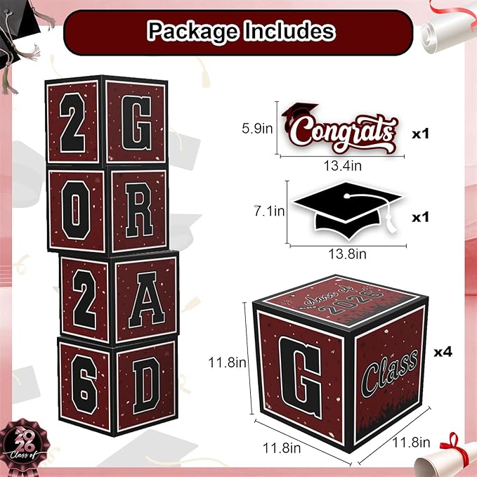 2026 Graduation Decorations, 4Pcs Graduation Boxes, So Proud of You and Class of 2026 Grad Balloon Boxes, Black Red Congrats Box for College, High School, Prom Party Supplies