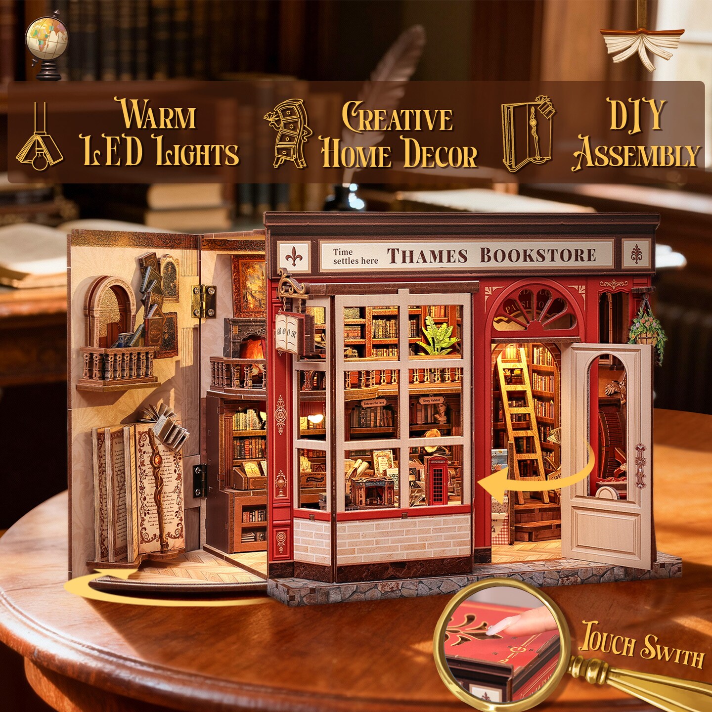 CUTEBEE Book Nook Kit Thames Bookstore DIY Miniature House Shelf Insert Diorama