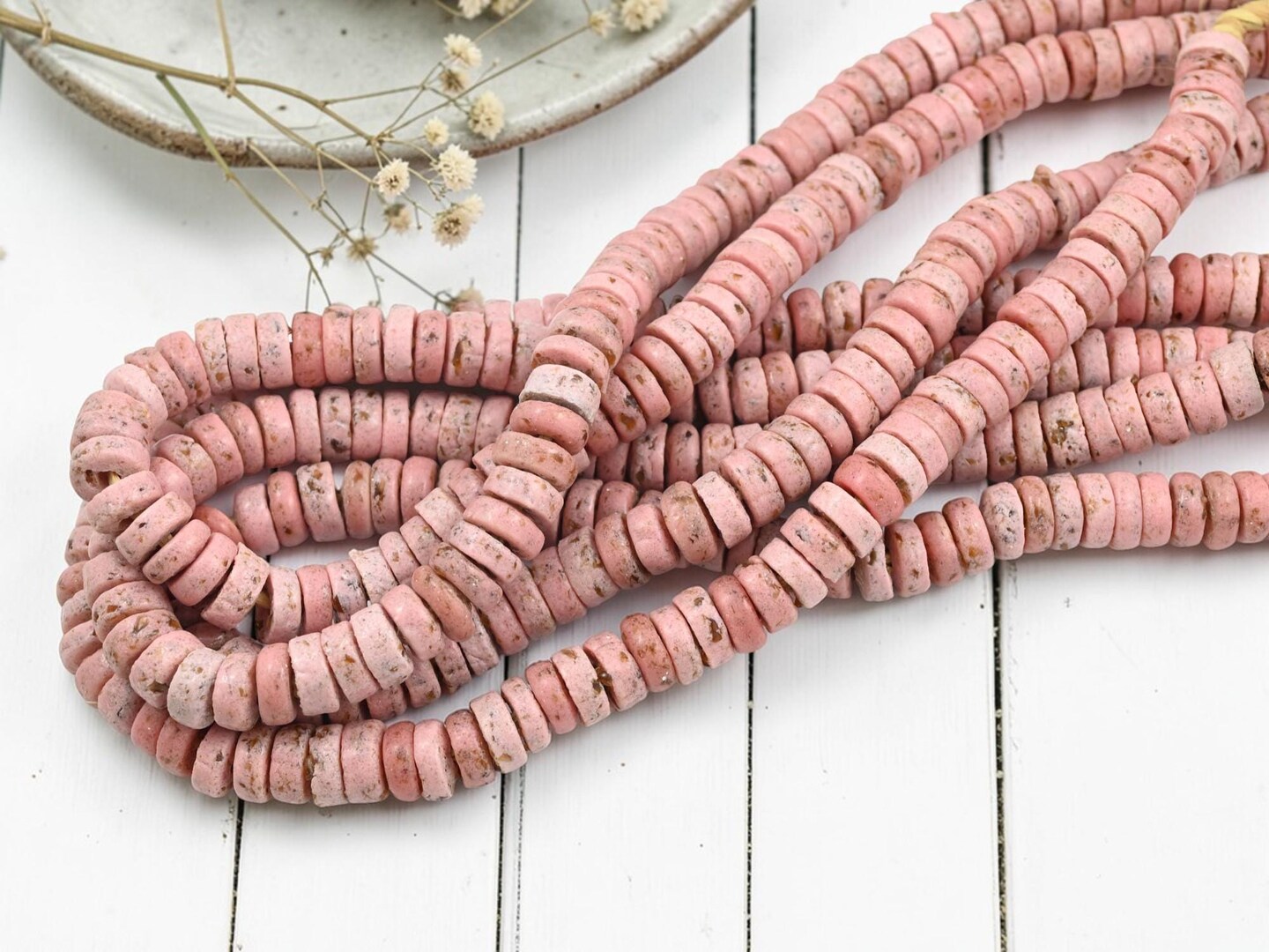 13mm Rustic Pink Recycled African Glass Ashanti Heishi Beads (10" Strand)