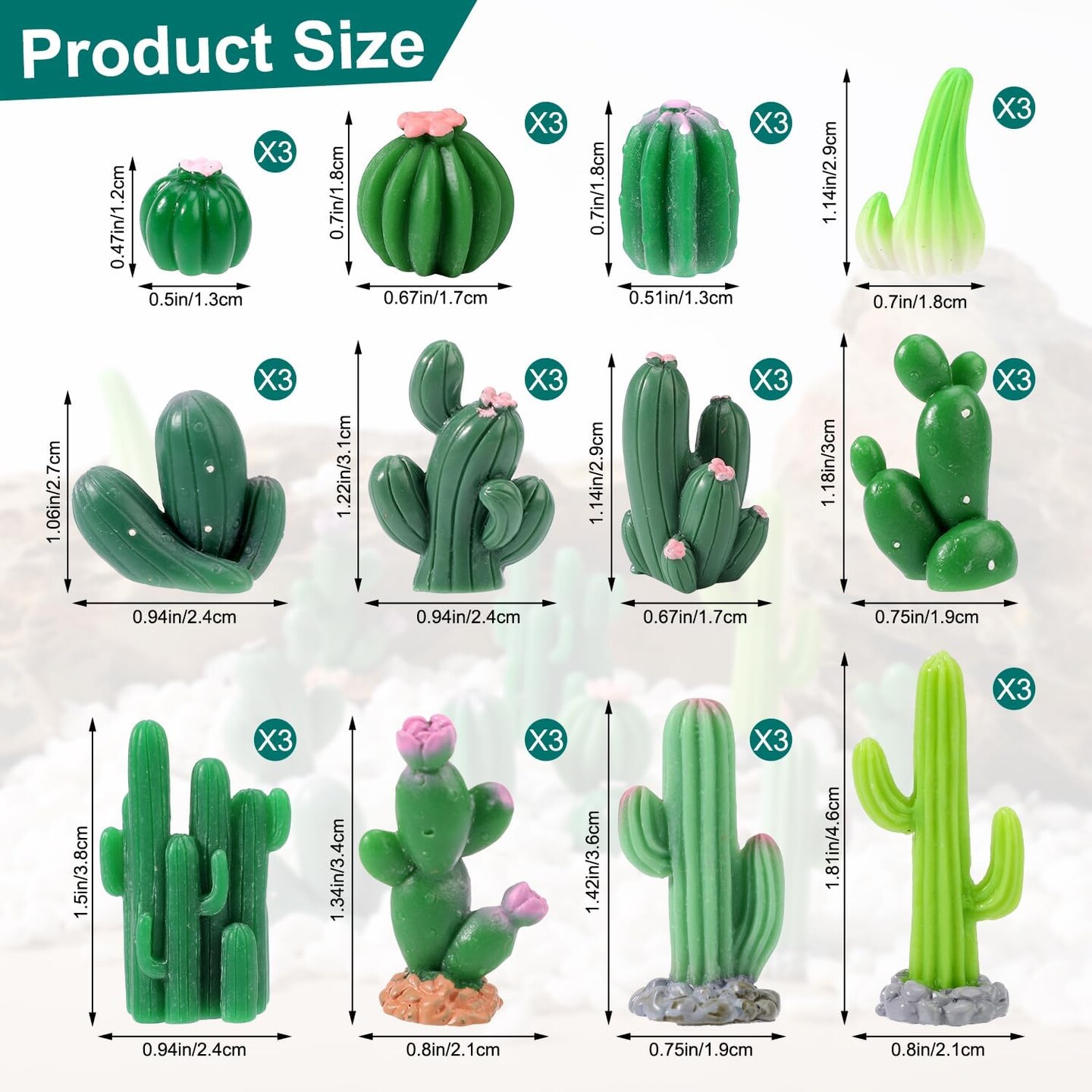 36 Pcs Mini Resin Cactus Set – 12 Styles Cute Miniature Artificial Succulent Figurines for Small Potted Plants, Garden, Bonsai, Terrarium & DIY Micro Landscape Decor