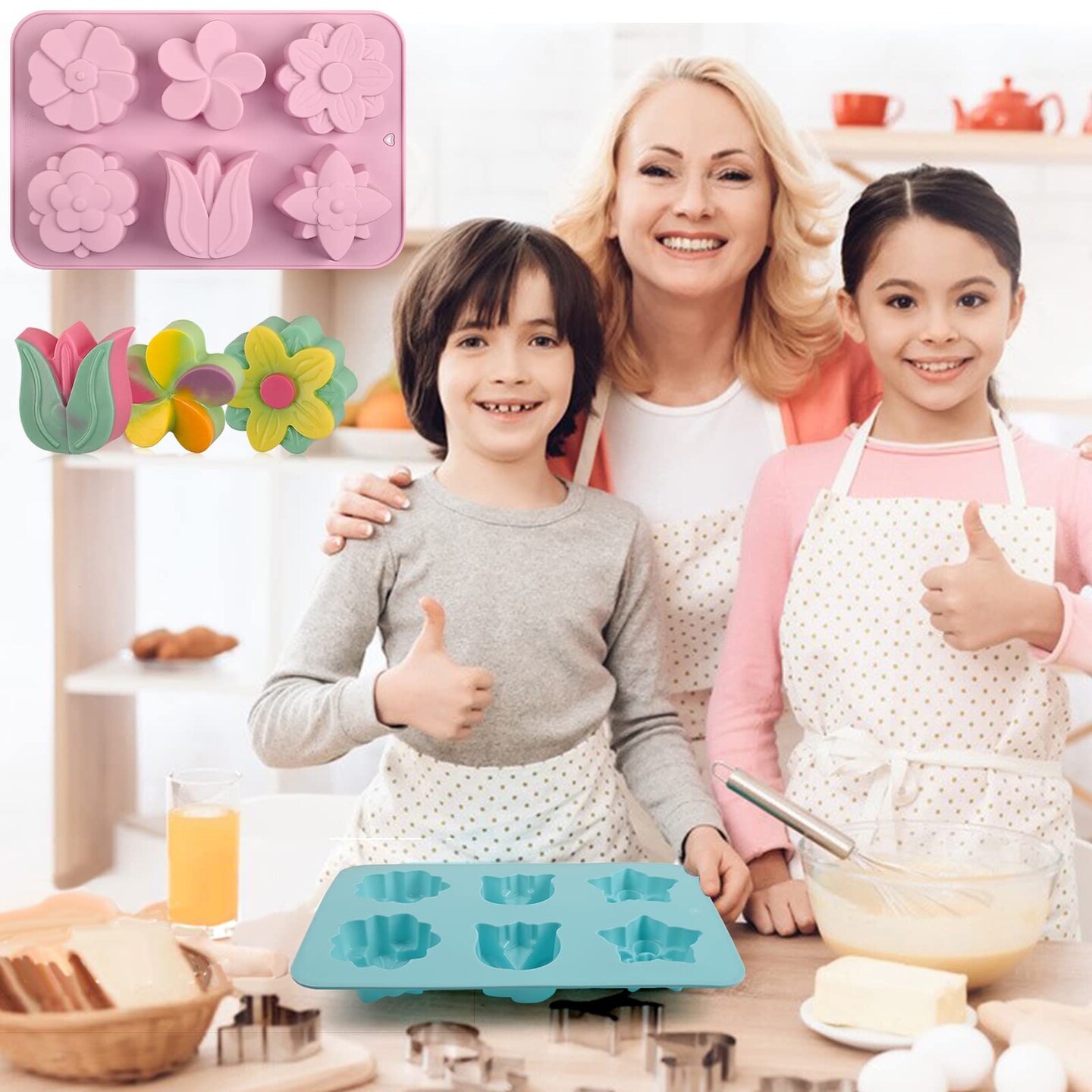 6-Cavity Flower Soap Molds Silicone, 2 Pack Tulip Different Flower Shapes Silicone Molds for Soap, Lotion Bar, Bath Bombs, Chocolate, Candy Baking Molds Jelly, Ice Cube Tray