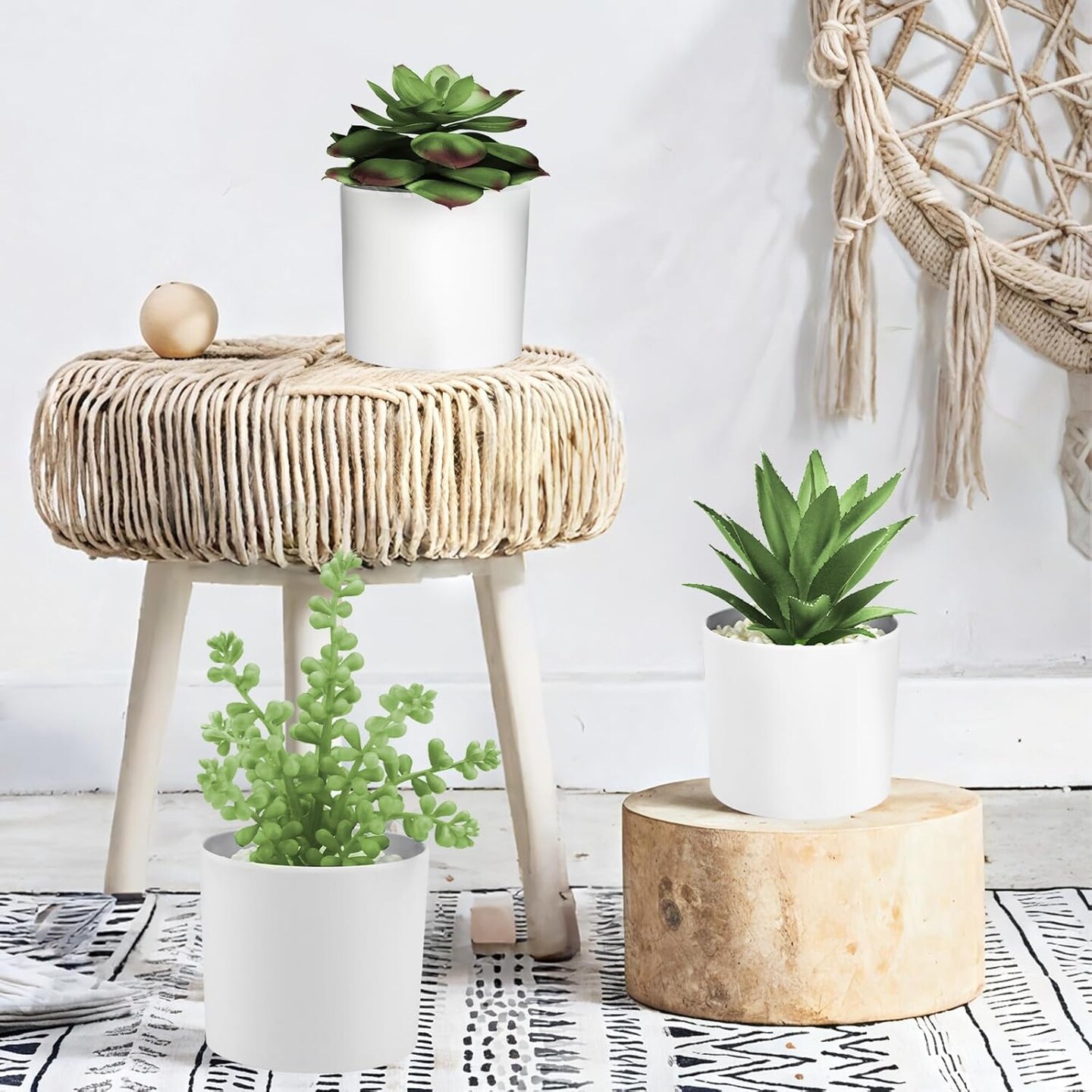 Set of 3 Artificial Succulents in White Pots – Faux Small Potted Plants for Home Decor, Office Desk, Bathroom, Shelf & Modern Tabletop Decoration