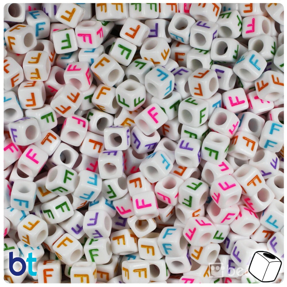 BeadTin White Opaque 6mm Cube Plastic Alpha Beads - Colored Letter F (80pcs)