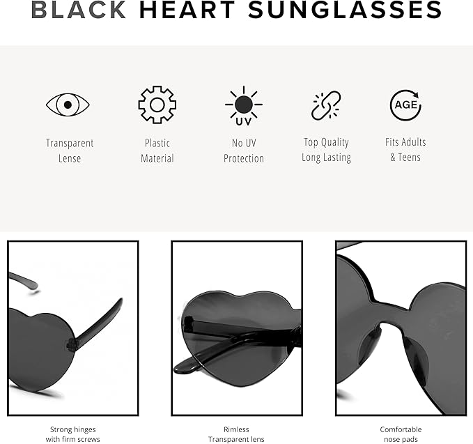 4E's Novelty Black Cowboy Hat with Feathers and Heart Sunglasses for Women - Black Cowboy Hat, Oversized Heart Glasses - Cowboy Hat for Costume Party