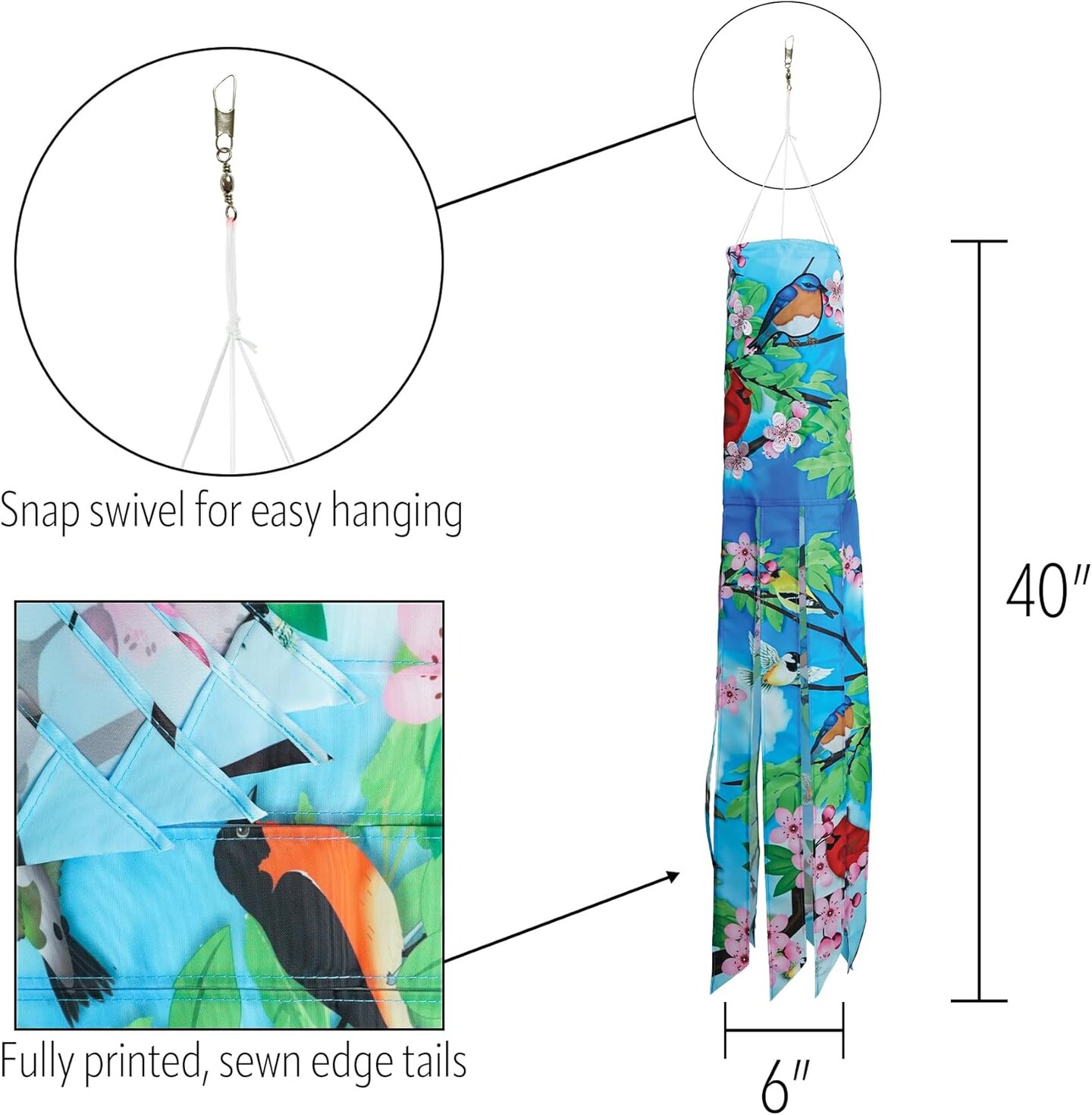In the Breeze 5245 — Songbird 40-inch Illusion Windsock — Vibrant, Fully Printed Windsock with Embroidered Details