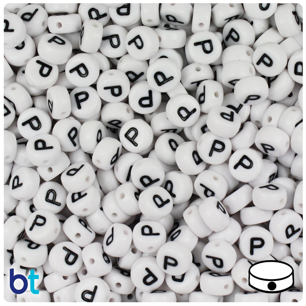 BeadTin White Opaque 7mm Coin Plastic Alpha Beads - Black Letter P (100pcs)