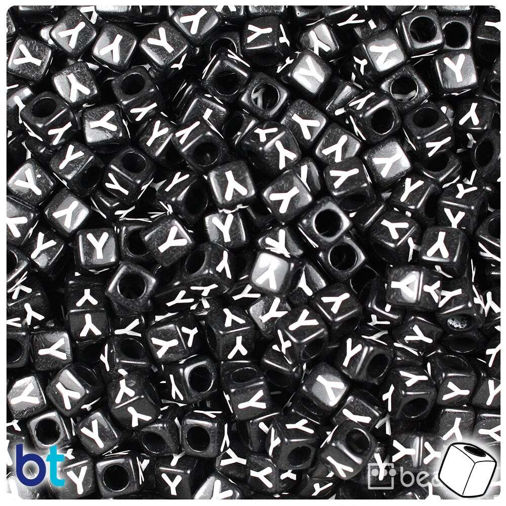 BeadTin Black Opaque 6mm Cube Plastic Alpha Beads - White Letter Y (80pcs)