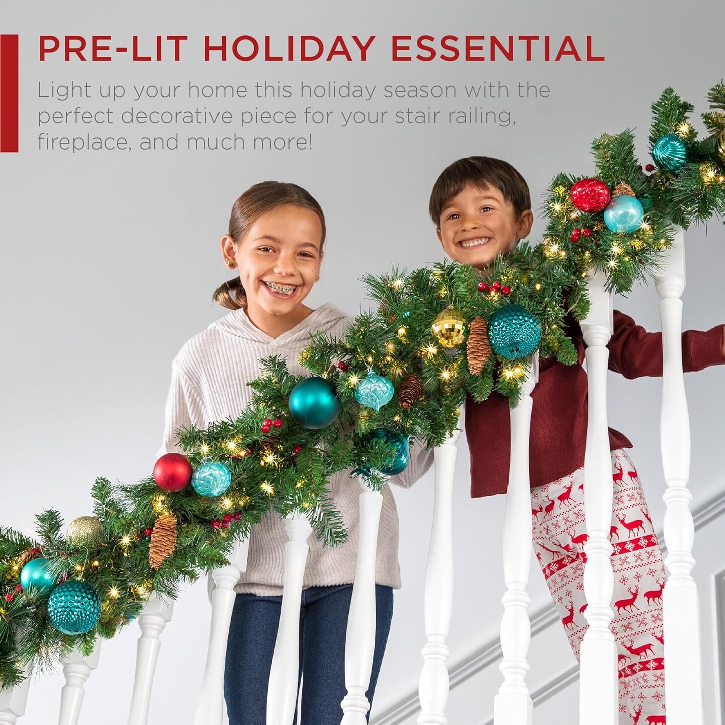 9ft Pre-Lit Holiday Pre-Decorated Christmas Garland for Stairs,50 Lights, Pine Cones, Berries