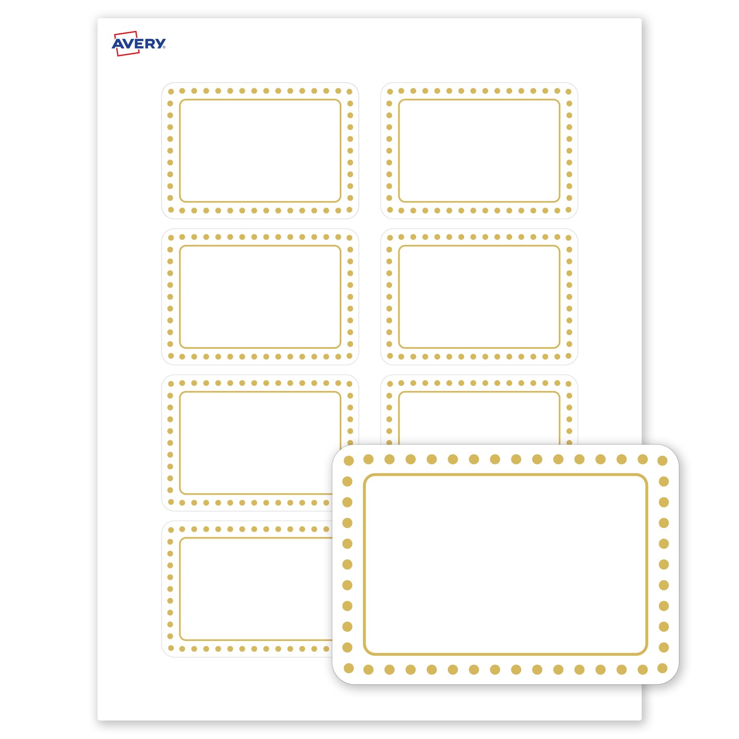 Avery® Printable Rectangle Adhesive Name Tags, Gold Border with Gold Dots Design, 2-1/3" x 3-3/8", Matte White Removable Name Tags, Laser/Inkjet, 80 Total, Great for Name Badges