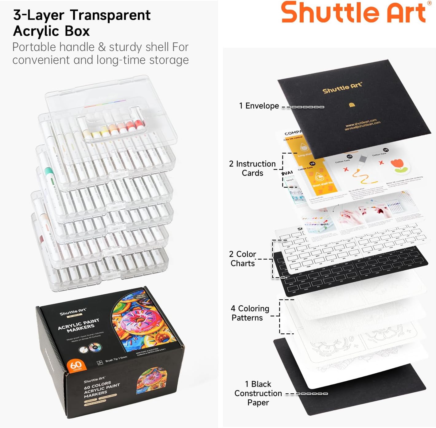 Automatic Ink Control Acrylic Paint Markers, 60 Colors Brush Tip Acrylic Paint Pens for Rock Painting, Ceramic, Wood, Canvas, Glass, Stone, Fabric, Card Making, DIY &#x26; Art Supplies