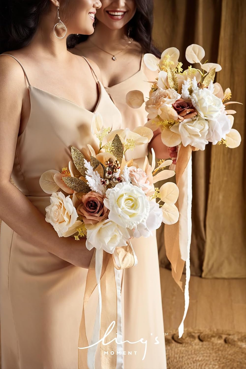 Artificial Flowers Boho Bridesmaid Bouquet Set of 4, White Beige Wedding Flowers Bouquets for Bridesmaids
