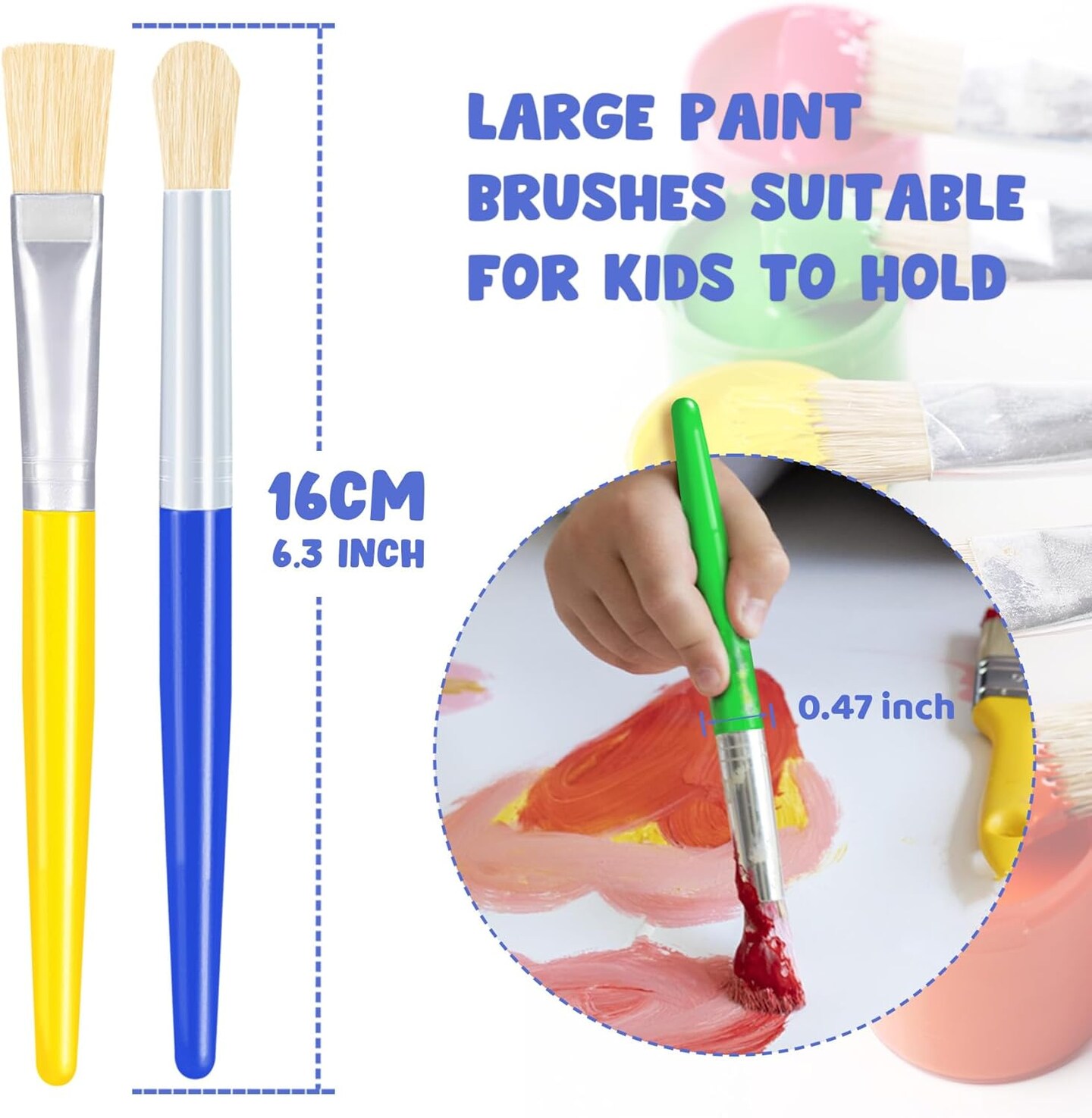 Paint Brushes for Kids, 20 Pcs Round/Flat Large Kids Paint Brushes, Easy to Clean &#x26; Grip Washable No Shed Hog Bristle Toddler Paint Brushes Paintbrushes Kids for Watercolor, Acrylic, Gouache