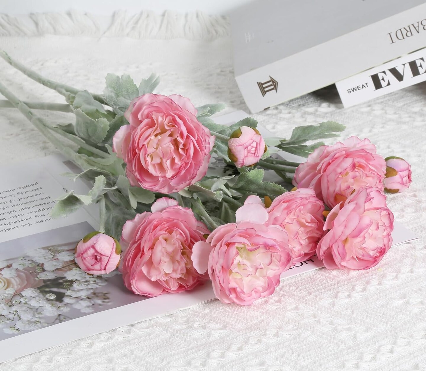 Pink Peonies Artificial Flowers 6pcs Pink Artificial Ranunculus Flowers18Heads Pink Silk Peonies with Stems Real Look for Spring Decorations Floral Arrangements Home Table Centerpiece