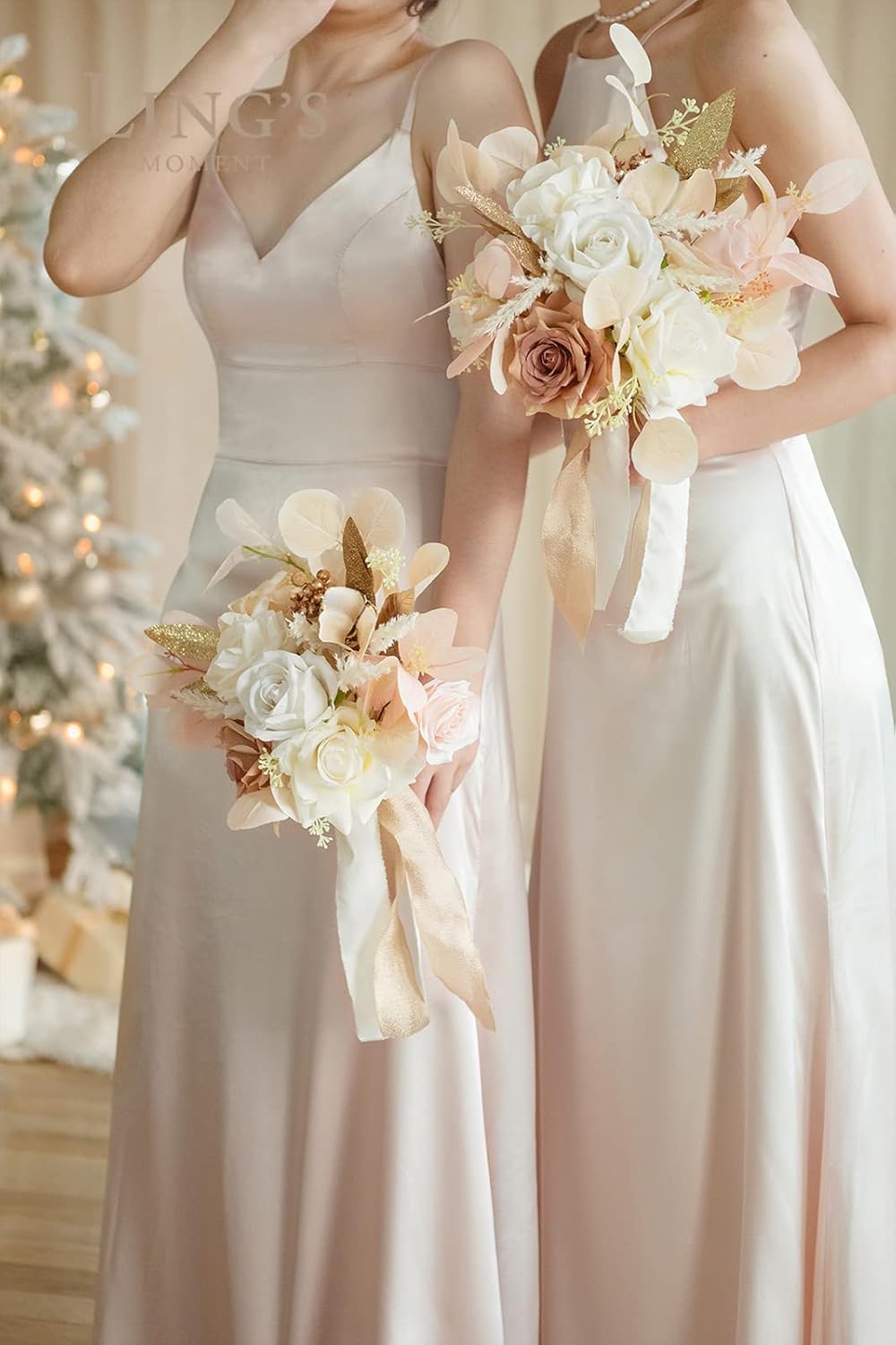 Artificial Flowers Boho Bridesmaid Bouquet Set of 4, White Beige Wedding Flowers Bouquets for Bridesmaids