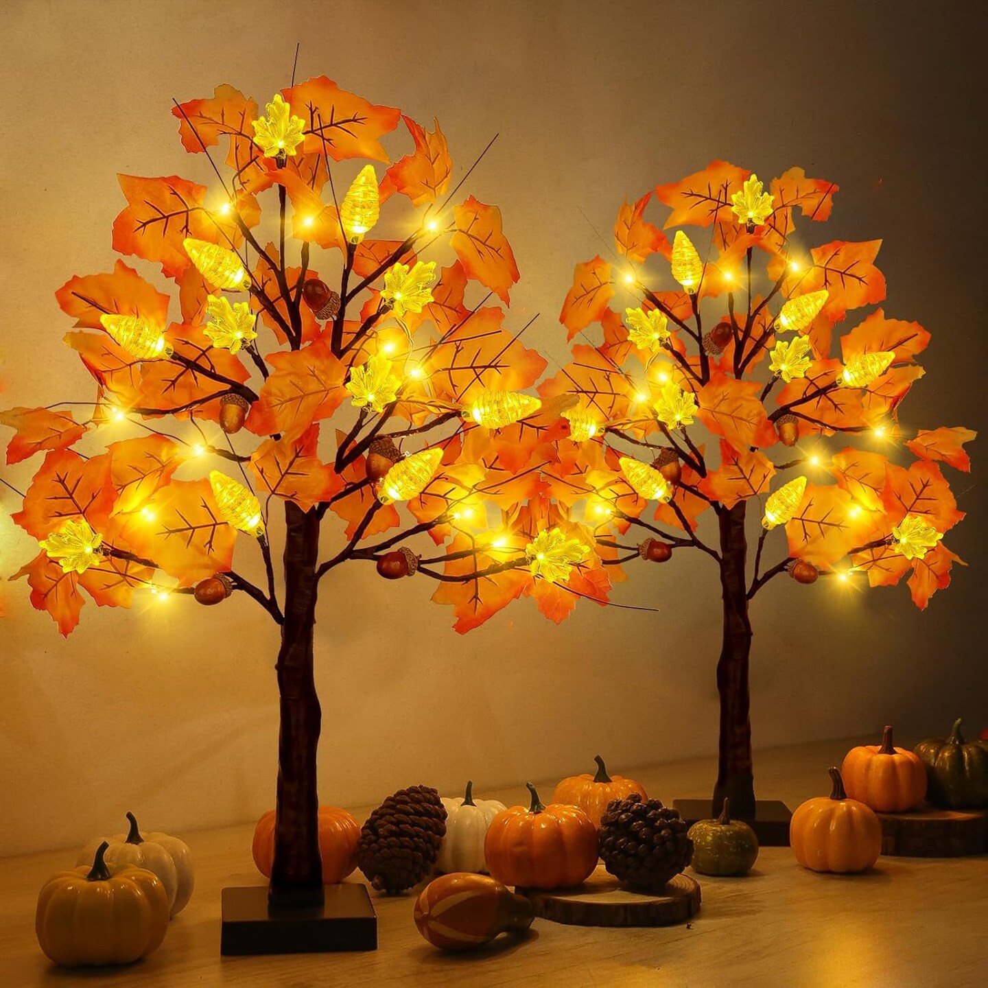 2 Pack 24 Inch Prelit Fall Maple Tree Thanksgiving Decorations with 48 LED Lights Timer Battery Operated Light Up Acorn Maple Tree for Thanksgiving Artificial Fall Autumn Home Indoor Halloween Decor