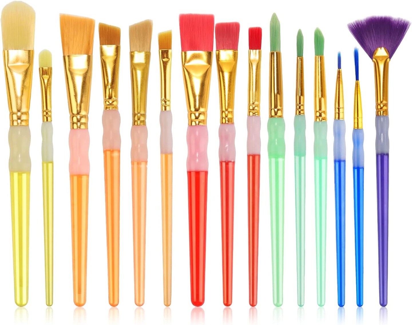 15Pcs Paint Brushes Value Pack, Includes 15 Different Types of Brushes, Nylon Colorful Hair with Silicone Crystal Penholder